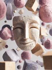 Poster - Smiling Clay Face Floats Among Vibrant Abstract Shapes in a Minimalist Space Creating a Joyful Atmosphere