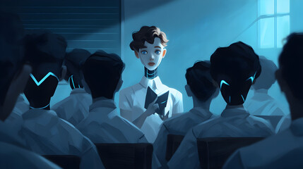 Poster - A lone human-like figure with expressive eyes stands out among robotic beings with glowing visors in a dimly lit, futuristic classroom setting.