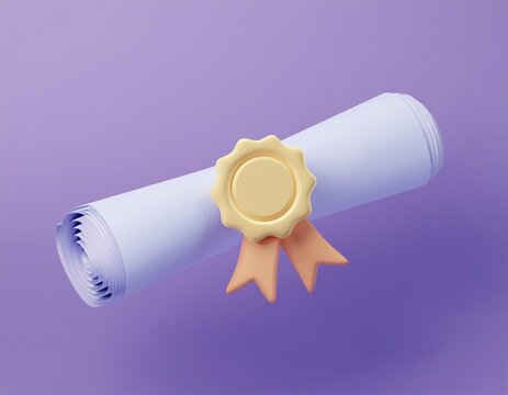 3D rolled up diploma adorned with a golden seal and ribbon