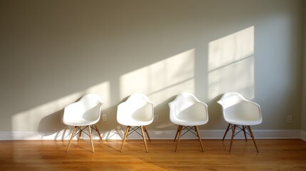 Aufkleber - Modern minimalist interior with four white chairs featuring wooden legs aligned against a plain wall bathed in natural daylight with copy space on right side