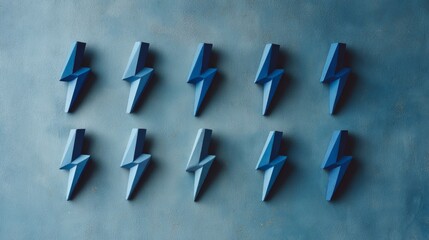 Poster - straighton composition of ten electric blue lightning bolt decoratives on dark textured background w