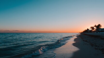 Aufkleber - Tropical beach sunset with glowing orange sky, silhouetted palm trees, and gentle waves lapping sandy shore, creating a tranquil and picturesque coastal scene with copy space on the right