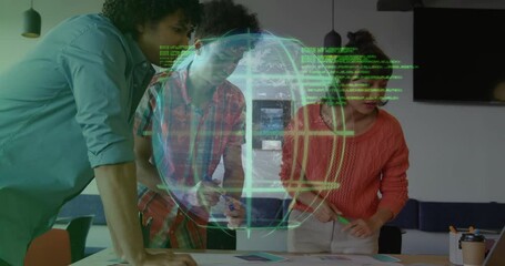 Poster - Team placing wireframes sparking 3D globe overlaying code, organizing mockups for business planning