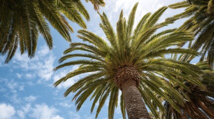 Poster - Closeup of lush palm tree trunk with expansive fanshaped leaves towering against a bright sunny sky, emphasizing vibrant green textures and uplifting natural scenery with space for copy