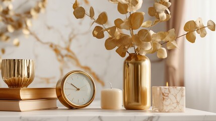 Poster - Decorative elements on a table with a golden vase, clock, and candles in a stylish interior setting