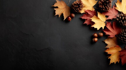 Poster - Vibrant autumn leaves pine cones and acorns on dark textured background with ample copy space for seasonal autumn design and decoration