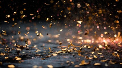 Poster - Topdown macro shot of shimmering golden particles scattered across a softly glowing festive background with copy space on the right side