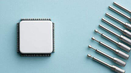 Poster - Topdown macro view of a white microchip on a sleek circuit board with metallic pins, surrounded by precision screwdrivers, minimalistic background, modern technological feel, clean and organized comp