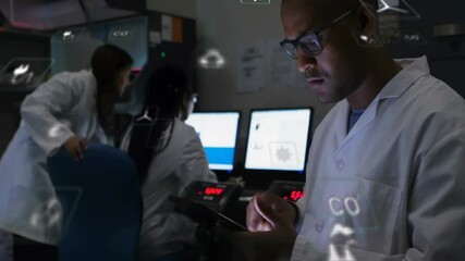 Poster - Data wave sweeping lab, revealing icons as scientist tapping tablet and technicians collaborating