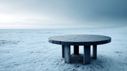 Poster - Frosty wooden table dusted with fresh snow under a chilly winter sky, topdown view emphasizing serenity and coldseason tranquility with ample copy space on the left
