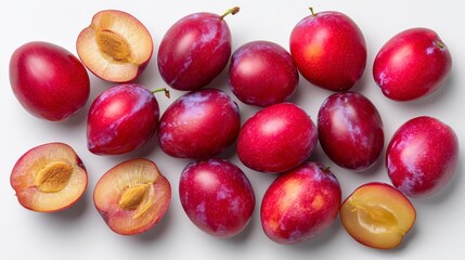 Aufkleber - Topdown view of ripe red plums with halved and whole fruits on white background, vibrant textures, juicy flesh, fresh seasonal fruit display with copy space