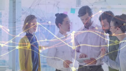 Poster - After coworker tapping tablet, man swiping network graphics while team sharing ideas for business