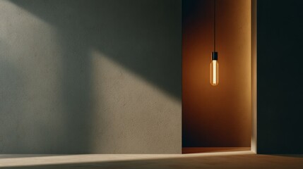 Poster - Minimalist black void studio with suspended warm light bulb casting sharp shadows on seamless background, emphasizing modern aesthetics and stark contrast with empty space