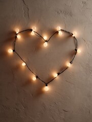 Poster - Warm String Lights Form a Heart Shape Against a Textured Neutral Wall, Creating a Cozy and Inviting Atmosphere at Night