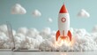 © Khalida - Realistic style startup banner with rocket laptop clouds 3D illustration with digital project launch scene and space background
