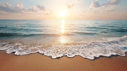 Aufkleber - Serene dawn over gentle ocean waves with soft pink and orange sky and copy space on right