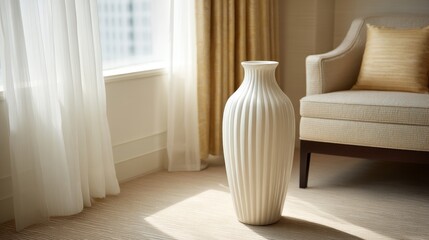 Aufkleber - Elegant ivory ceramic vase with vertical ridges in airy living room featuring neutral decor and woven textures, modern sophistication with copy space on right side