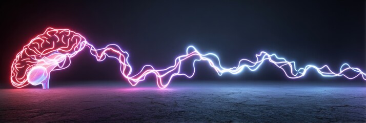 Poster - Neon Lights Create a Striking Visual of Brain Nerves Over a Dark, Textured Surface