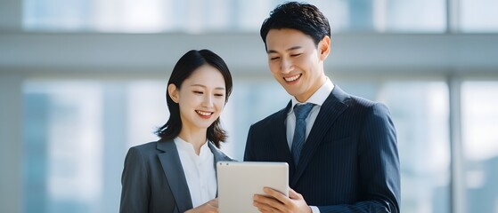 Poster - Two young professionals in business attire standing together and using a digital tablet surrounded by the interior of an urban office with a city skyline visible through the window