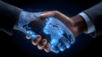 Poster - Hands shaking with a digital world map in the background symbolizing a global partnership and technological connection in business and industry