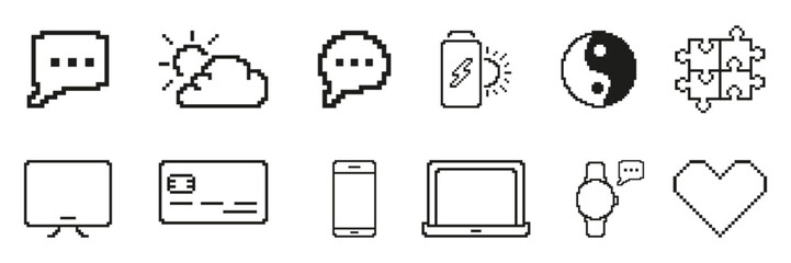 Fototapete - Pixel Art Icon Set Featuring Communication, Technology, And Wellness Symbols. Includes Speech Bubbles, Cloud, Battery, Yin Yang, Puzzle, Screen. Isolated Vector Illustration