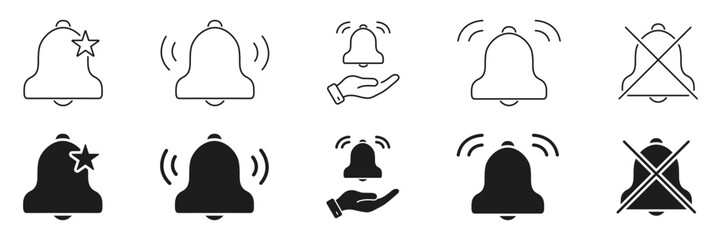 Fototapete - Notification Bell Icon Set. Alert, Reminder, And Mute Functionality Outline And Silhouette Symbol Collection. Includes Star, Hand, And Cross Variations. Isolated Vector Illustration