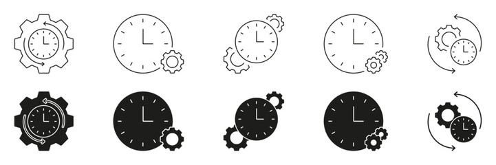 Fototapete - Clock And Gear Line And Solid Icon Set. Time Management, Efficiency, And Process Optimization Symbol Collection. Workflow And Productivity Enhancement. Isolated Vector Illustration