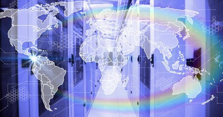 Poster - Server aisle shot starting map fading, pulsing light node racing across continents showing network