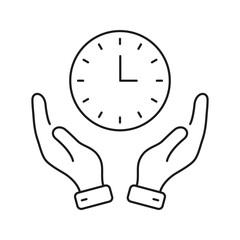 Poster - Hands Holding Clock Line Icon. Time Management, Efficiency, And Productivity Outline Symbol. Prioritizing Tasks And Scheduling. Editable Stroke. Isolated Vector Illustration