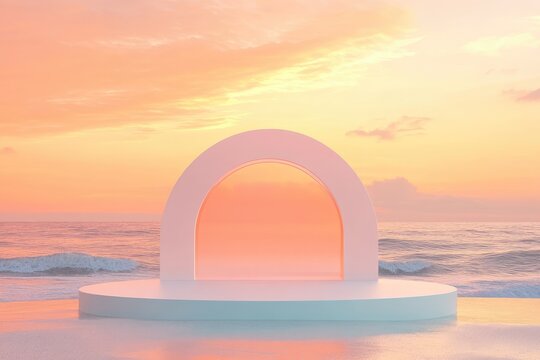 Soft pastel-toned, digitally rendered podium on a beach at sunset.  A pale white archway stands on a circular platform, set against a serene ocean backdrop during golden hour