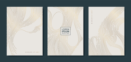 Poster - Vector set of golden line Japanese covers, wood texture, sea ornament, topography map background. Premium abstract posters, elegant illustrations, marble gradients.