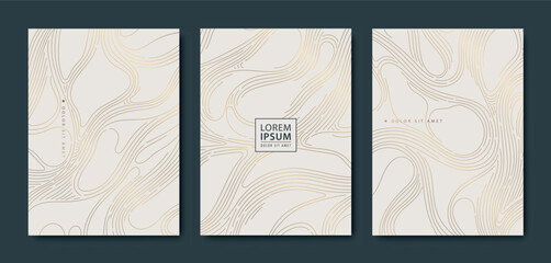 Poster - Vector set of golden line Japanese covers, wood texture, sea ornament, topography map background. Premium abstract posters, elegant illustrations, marble gradients.