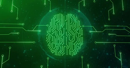 Poster - At start rotating sphere, neon arc sparking data dots forming digital brain circuit hub