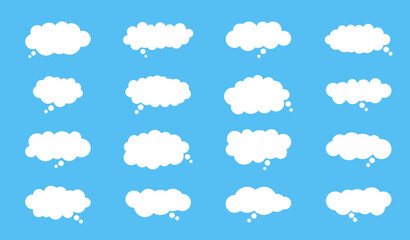 Poster - White Cloud Speech Bubble set. Talk fluffy text box. Blank chatting, message border. Empty flat style shapes on blue background.