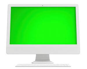 Poster - White computer monitor with green screen, modern desktop display, isolated on transparency background, technology concept, blank screen for design, digital workspace, clean and minimal style