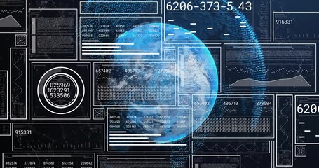 Poster - Rotating globe initiating sliding panels updating codes and pulsing charts visualizing global data