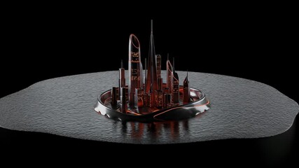 Poster - Futuristic high-rise city transforms and grows from a lake of liquid metal