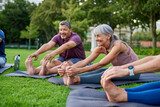 Senior group stretching legs at park