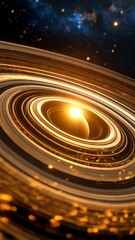 Wall Mural - Stunning view of a massive ringed planet featuring many rings with a bright star at the center against a dark blue nebula background