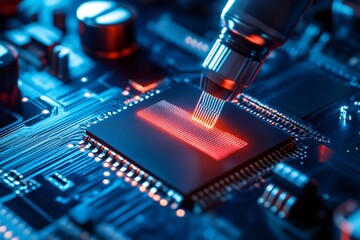 Poster - Robotic arm installing microchip on motherboard, creating futuristic circuitry