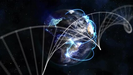 Poster - Rotating Earth initiating arcs, particles swirling and lines forming DNA helix connecting via beam