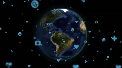 Poster - Starting Africa view 3D globe rotating while icons drifting along network depicting healthcare flow