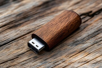 Poster - Wooden usb flash drive resting on rustic table