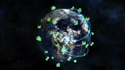 Poster - 3D globe rotating in space as green icons forming network, blue arcs activating showing exchange