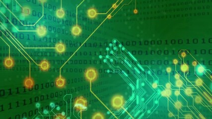 Poster - Starting on green code field turquoise-gold circuit traces expanding pulsing and showing data flow