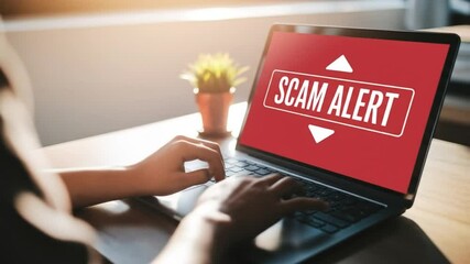 Poster - Laptop displays repeated scam alerts, highlighting online fraud dangers and user vulnerability in the digital world