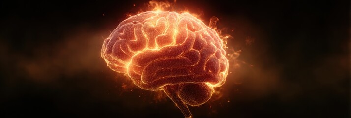 Poster - Overheated Brain Symbol Glowing With Vibrant Colors and Soft Gradients Against a Dark Background Illustrating Mental Strain and Intensity