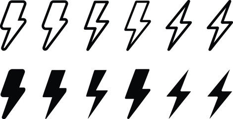 collection of twelve lightning bolt icons, six outlined and six filled, perfect for web design or ap