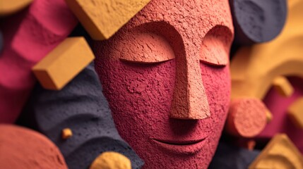 Poster - Smiling Clay Face Surrounded by Floating Abstract Shapes in a Minimal Space, Capturing Warmth and Creativity in Detail