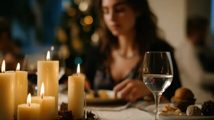 Aufkleber - Woman at dinner table with candles and friends during christmas dinner, focus on candles, close up of woman's face in background, warm atmosphere of family gathering at holiday celebration.